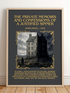 The Private Memoirs and Confessions of a Justified Sinner Minimalist Book Poster by James Hogg – framed print leaning on a wooden floor