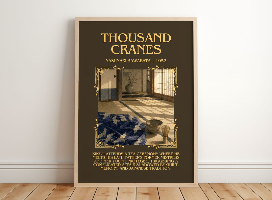 Thousand Cranes Minimalist Book Poster by Yasunari Kawabata – framed print leaning on a wooden floor