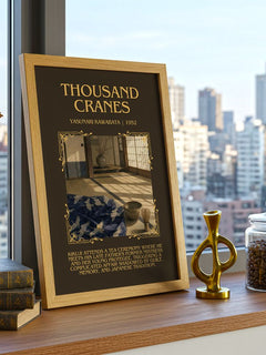 Thousand Cranes Minimalist Book Poster by Yasunari Kawabata – framed print on a city-view windowsill