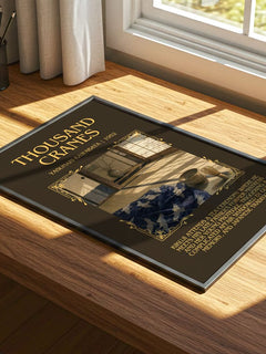 Thousand Cranes Minimalist Book Poster by Yasunari Kawabata – print on a sunlit desk
