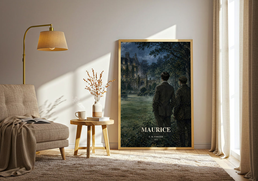 Maurice watercolour print in frame leaning in hallway – literary fiction wall art (mockup)