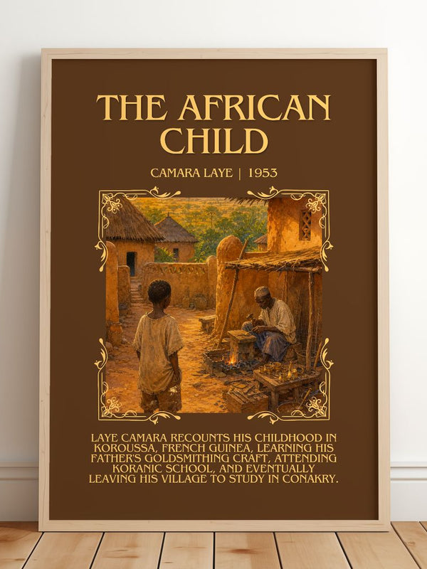 The African Child Minimalist Book Poster by Camara Laye – framed print leaning on a wooden floor