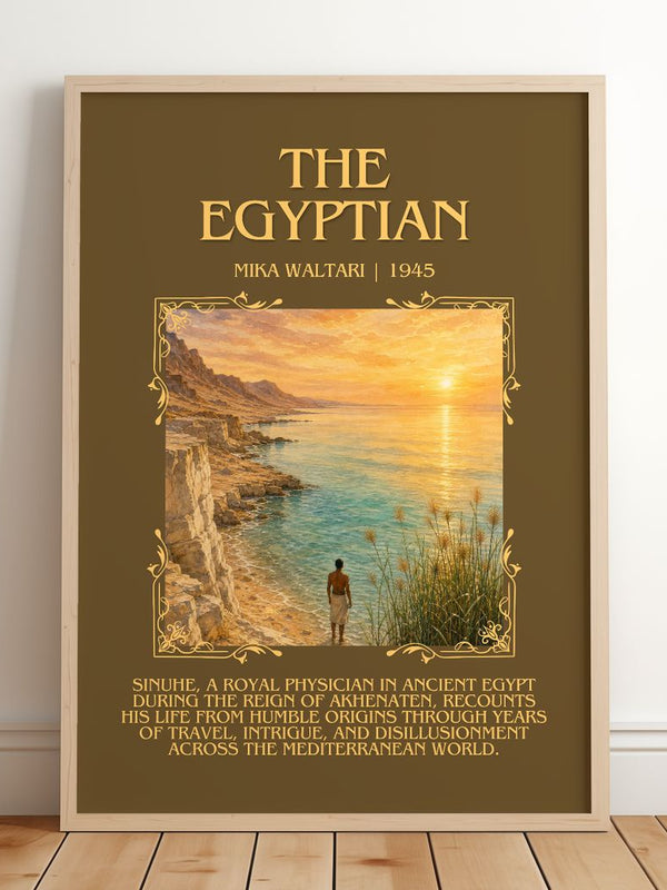 The Egyptian Minimalist Book Poster by Mika Waltari – framed print leaning on a wooden floor