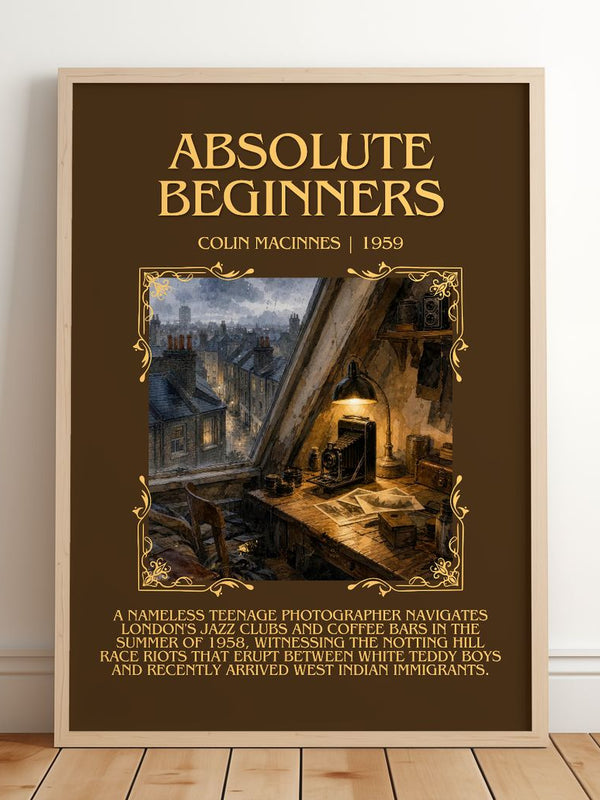 Absolute Beginners Minimalist Book Poster by Colin MacInnes – framed print leaning on a wooden floor