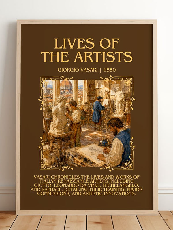 Lives of the Artists Minimalist Book Poster by Giorgio Vasari – framed print leaning on a wooden floor