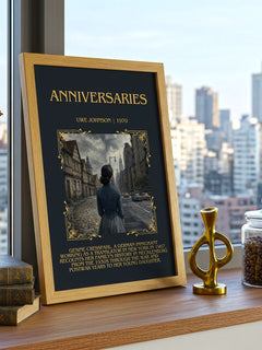 Anniversaries Minimalist Book Poster by Uwe Johnson – framed print on a city-view windowsill