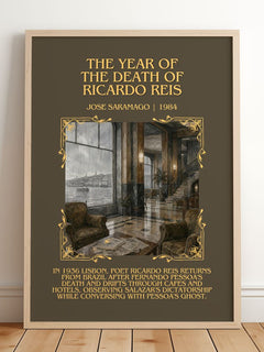 The Year of the Death of Ricardo Reis Minimalist Book Poster by José Saramago – framed print leaning on a wooden floor