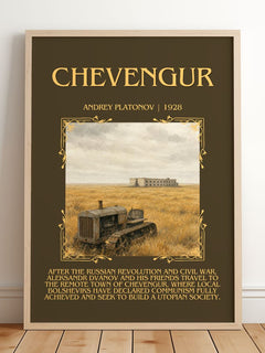Chevengur Minimalist Book Poster by Andrey Platonov – framed print leaning on a wooden floor