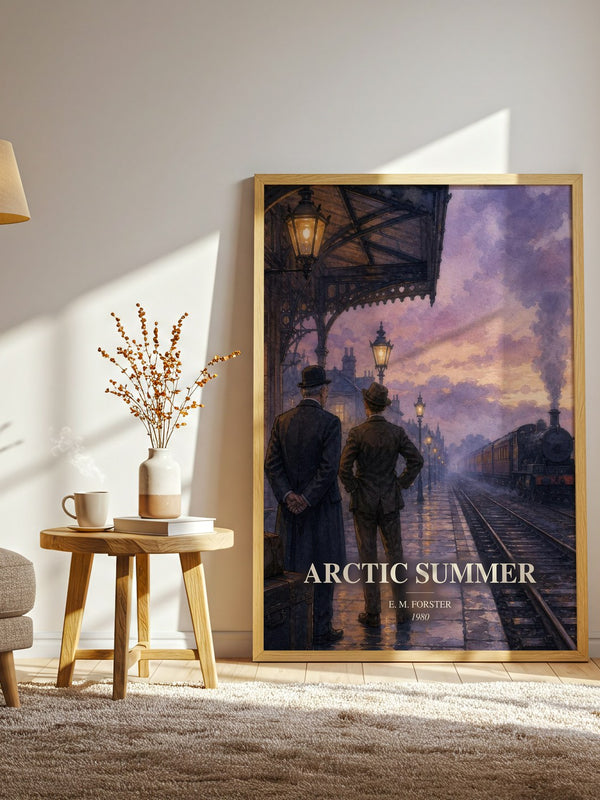 Arctic Summer watercolour print in frame leaning in hallway – literary fiction wall art