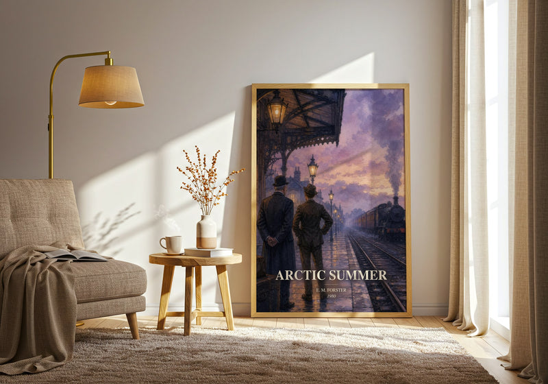 Arctic Summer watercolour print in frame leaning in hallway – literary fiction wall art