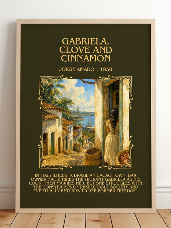 Gabriela, Clove and Cinnamon Minimalist Book Poster by Jorge Amado – framed print leaning on a wooden floor