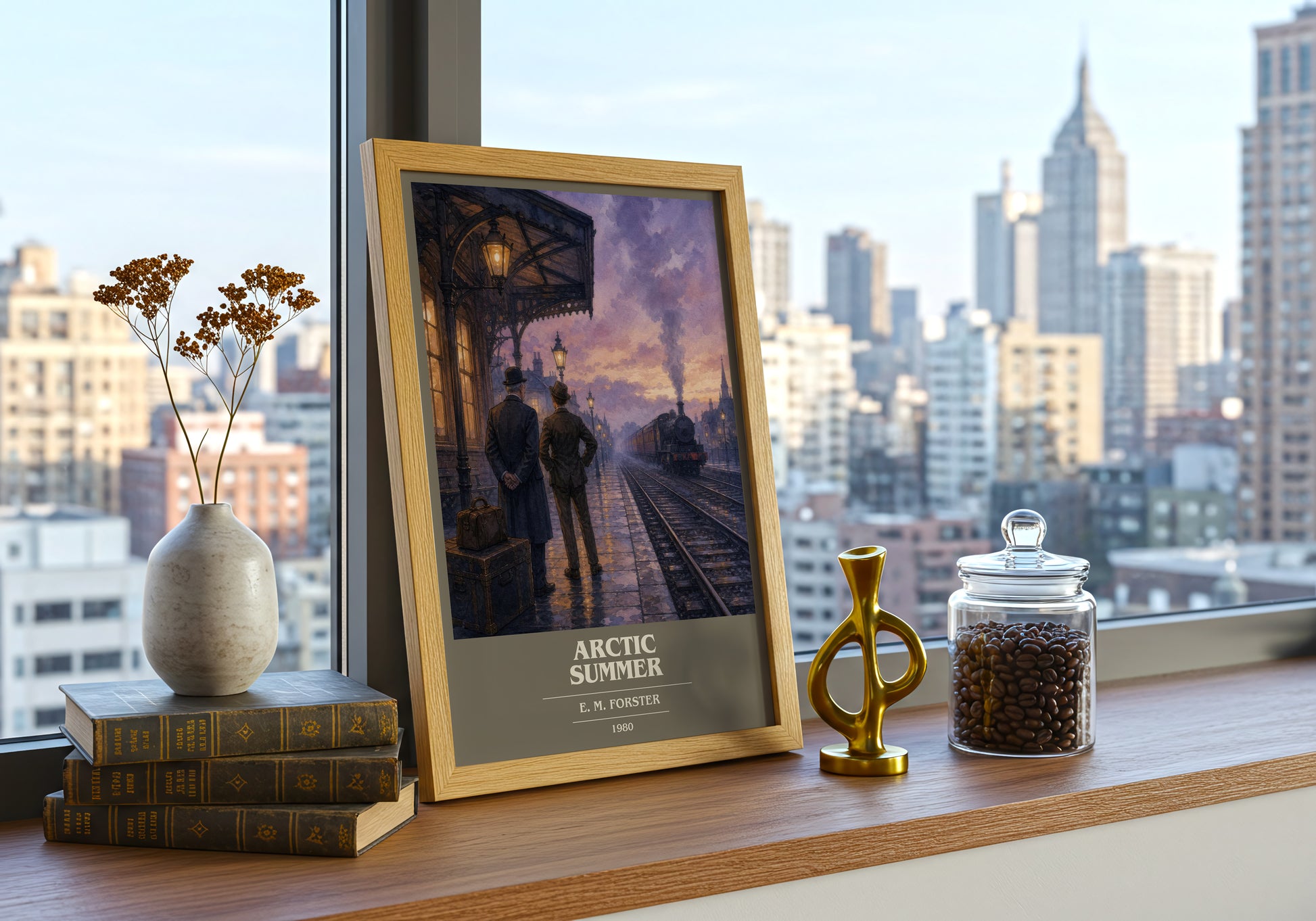 Arctic Summer book cover print framed by window – literary home decor