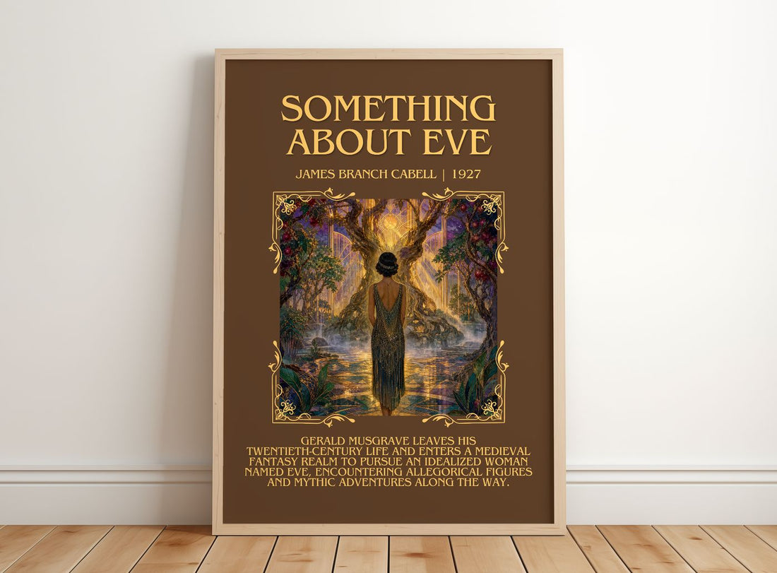Something About Eve Minimalist Book Poster by James Branch Cabell – framed print leaning on a wooden floor