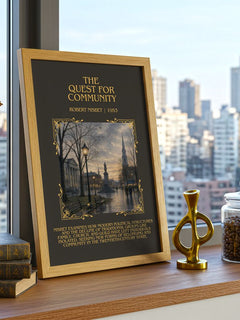 The Quest for Community Minimalist Book Poster by Robert Nisbet – framed print on a city-view windowsill