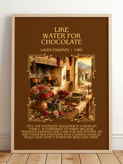 Like Water For Chocolate Minimalist Book Poster by Laura Esquivel – framed print leaning on a wooden floor
