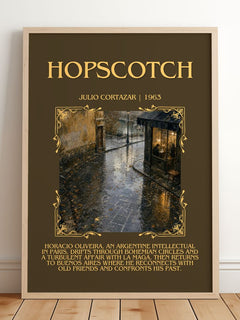 Hopscotch Minimalist Book Poster by Julio Cortazar – framed print leaning on a wooden floor