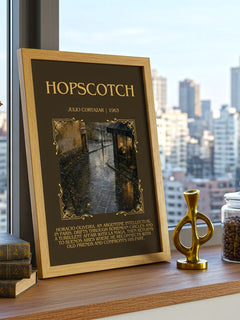 Hopscotch Minimalist Book Poster by Julio Cortazar – framed print on a city-view windowsill