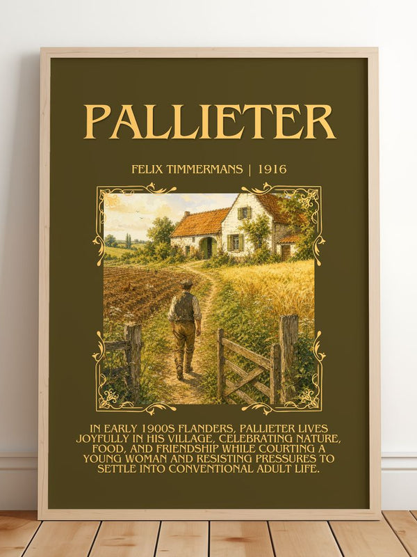 Pallieter Minimalist Book Poster by Felix Timmermans – framed print leaning on a wooden floor