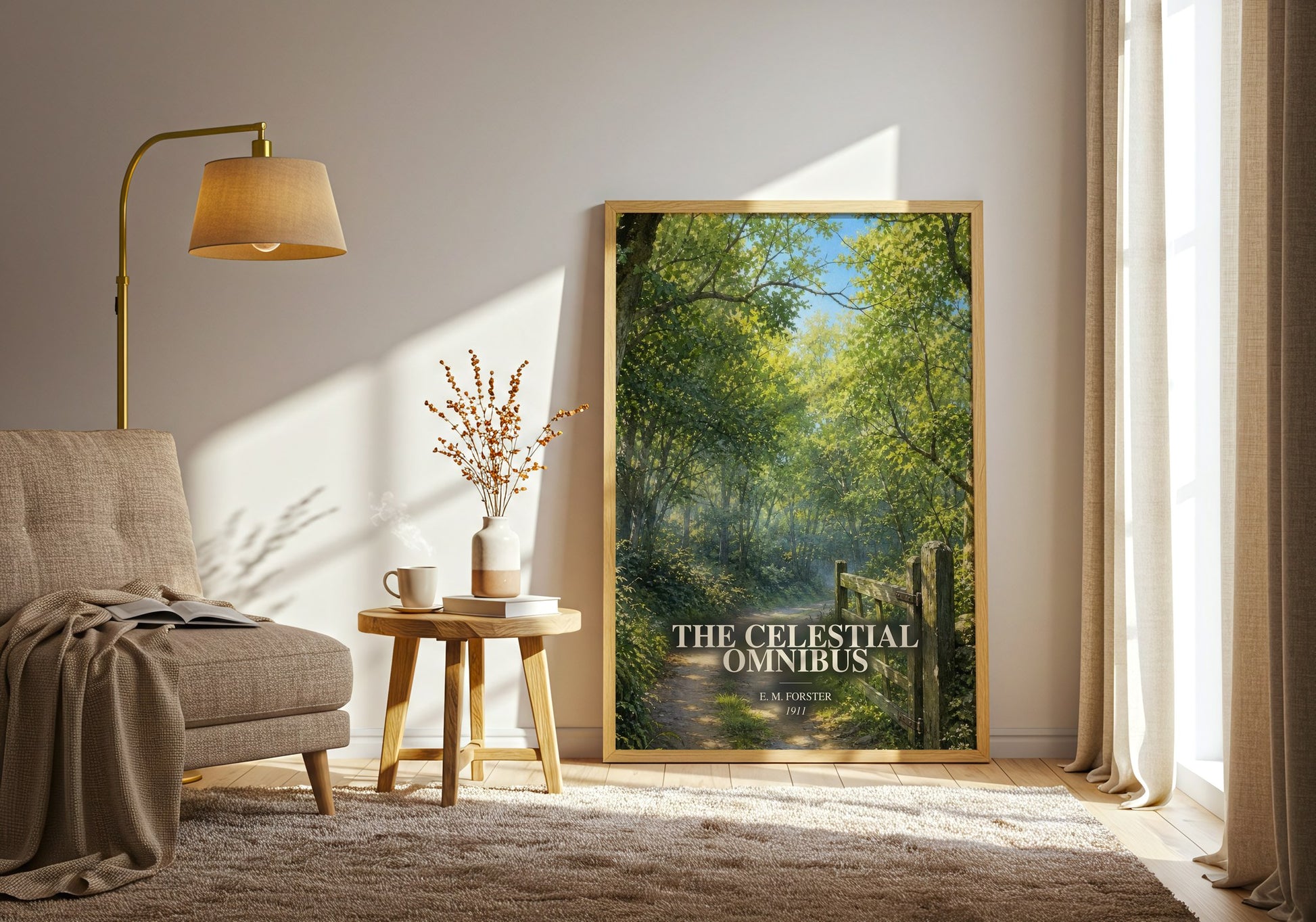 The Celestial Omnibus watercolour print in frame leaning in hallway – literary fiction wall art