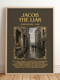 Jacob the Liar Minimalist Book Poster by Jurek Becker – framed print leaning on a wooden floor