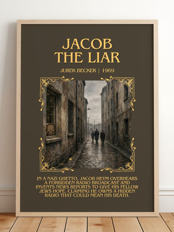 Jacob the Liar Minimalist Book Poster by Jurek Becker – framed print leaning on a wooden floor