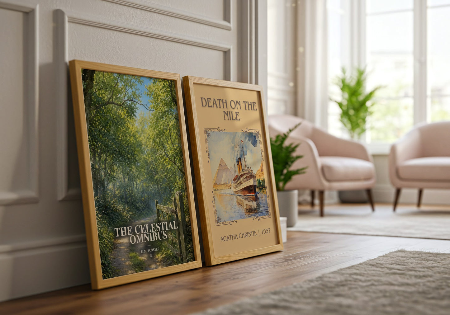 The Celestial Omnibus watercolour print framed by window – literary home decor