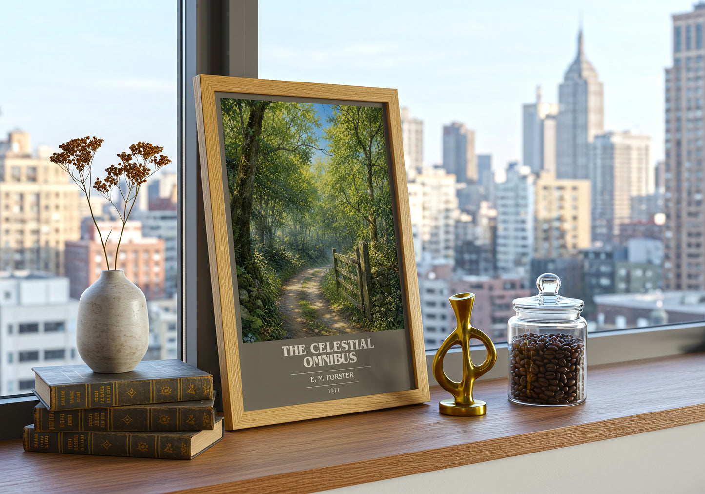 The Celestial Omnibus book cover print framed by window – literary home decor