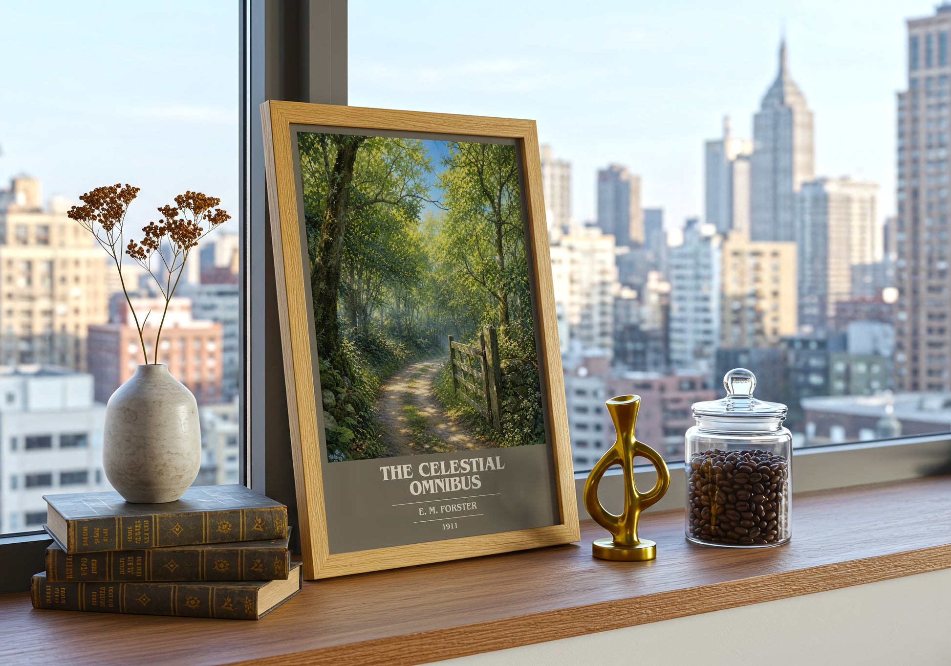 The Celestial Omnibus book cover print framed by window – literary home decor