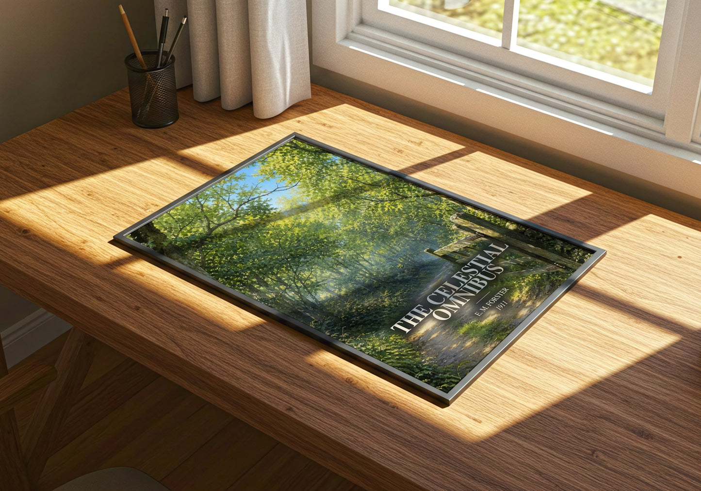 The Celestial Omnibus watercolour book poster framed on wall – literary fiction wall art