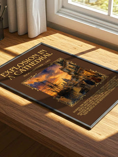 Explosion In A Cathedral Minimalist Book Poster by Alejo Carpentier – print on a sunlit desk