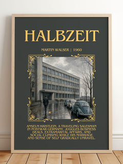Halbzeit Minimalist Book Poster by Martin Walser – framed print leaning on a wooden floor