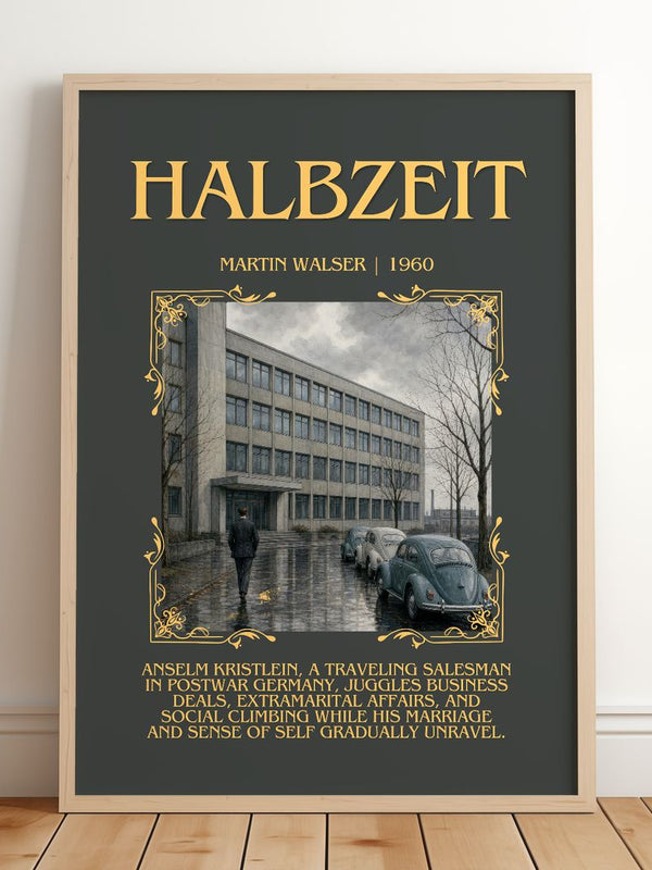 Halbzeit Minimalist Book Poster by Martin Walser – framed print leaning on a wooden floor