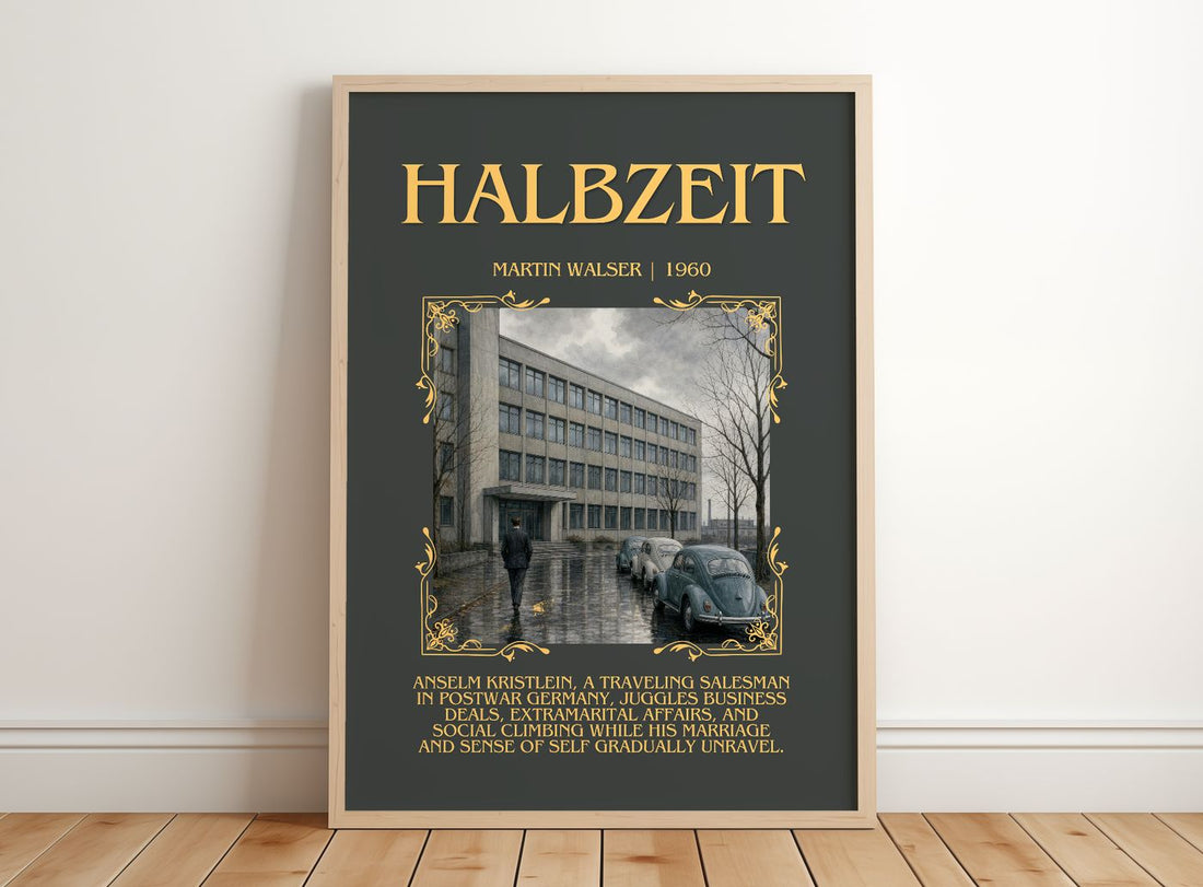 Halbzeit Minimalist Book Poster by Martin Walser – framed print leaning on a wooden floor