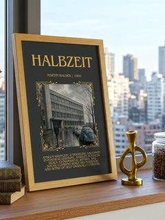 Halbzeit Minimalist Book Poster by Martin Walser – framed print on a city-view windowsill