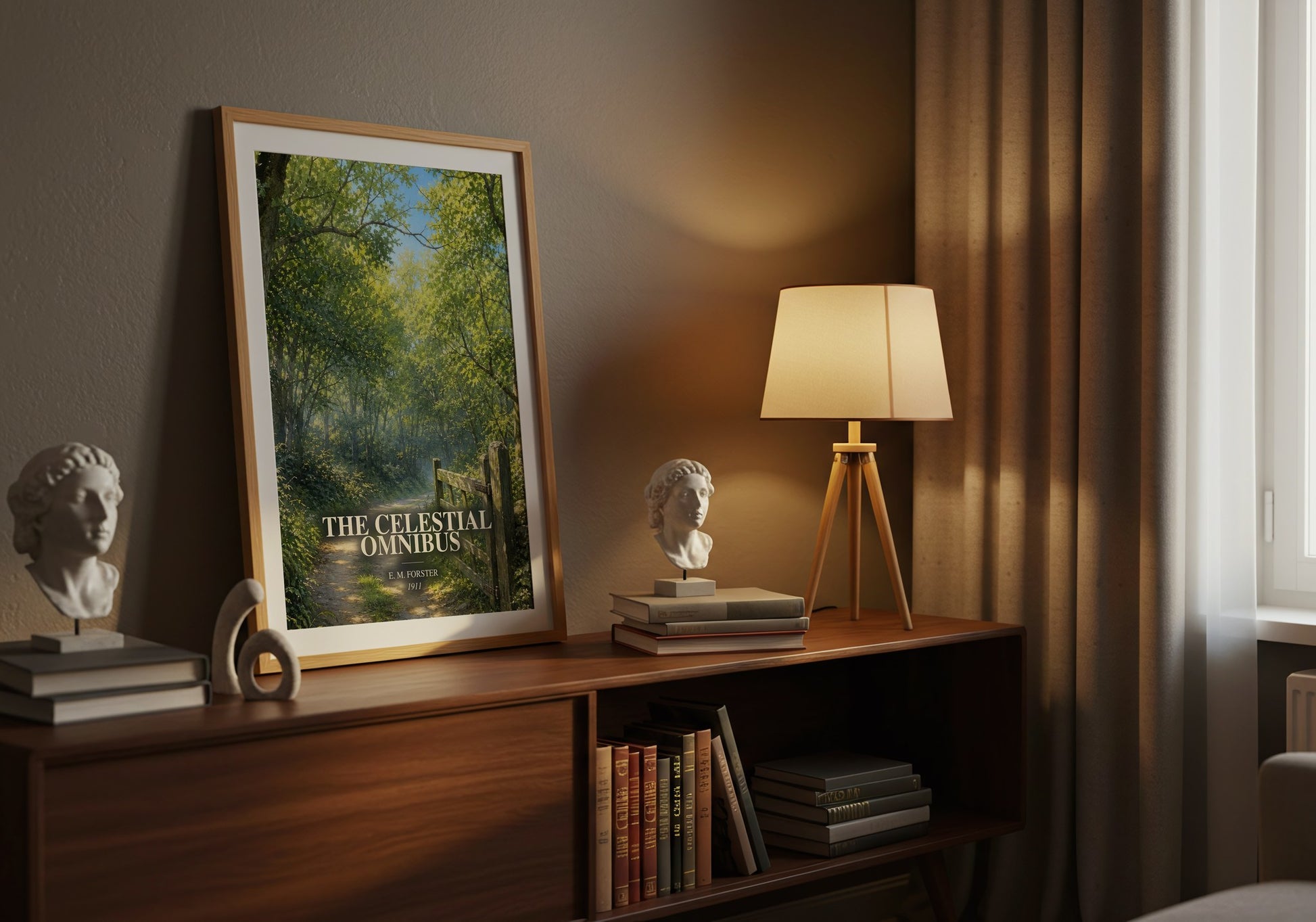 The Celestial Omnibus watercolour print on bookshelf – E. M. Forster fan gift