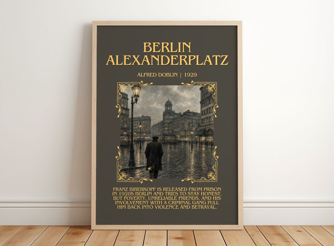 Berlin Alexanderplatz Minimalist Book Poster by Alfred Döblin – framed print leaning on a wooden floor