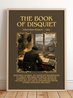 The Book of Disquiet Minimalist Book Poster by Fernando Pessoa – framed print leaning on a wooden floor