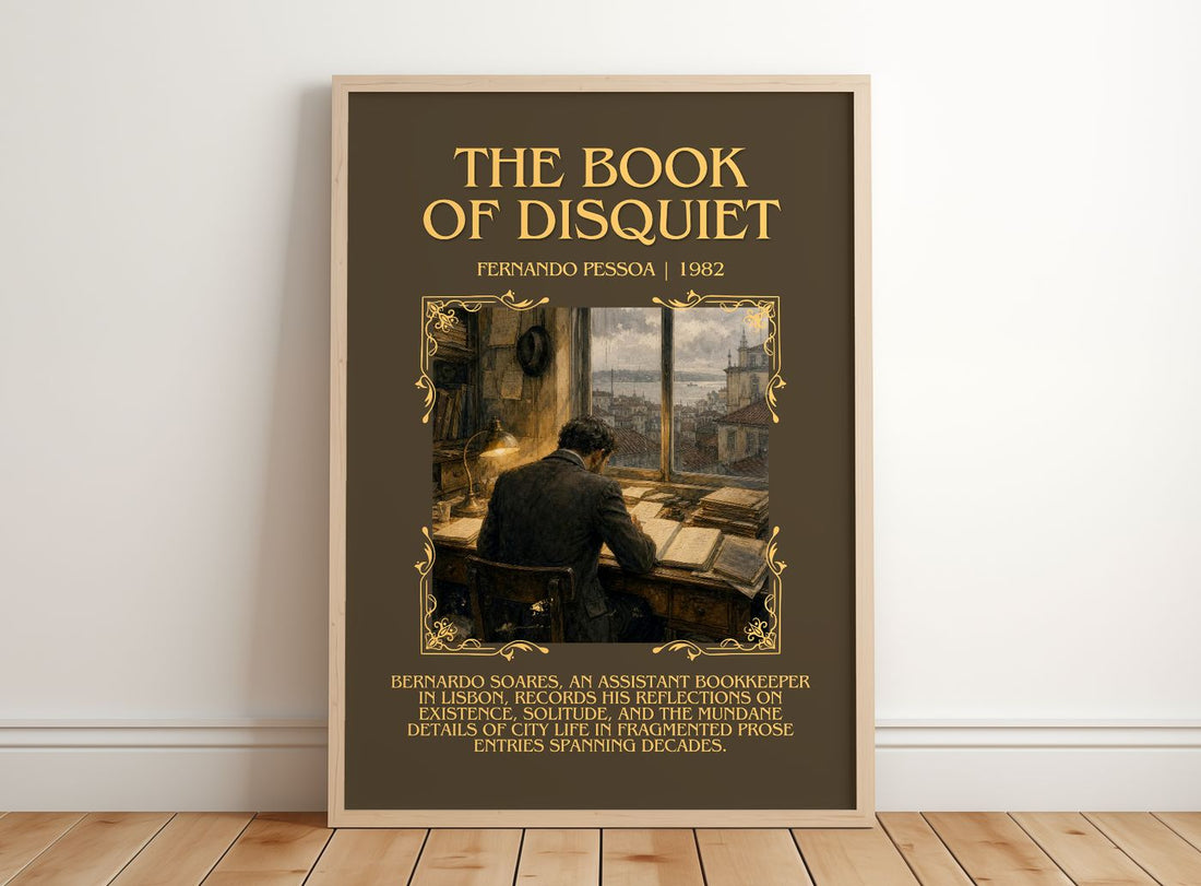 The Book of Disquiet Minimalist Book Poster by Fernando Pessoa – framed print leaning on a wooden floor