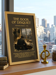 The Book of Disquiet Minimalist Book Poster by Fernando Pessoa – framed print on a city-view windowsill