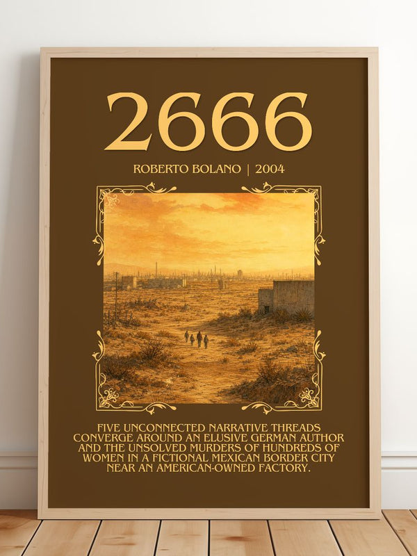2666 Minimalist Book Poster by Roberto Bolaño – framed print leaning on a wooden floor