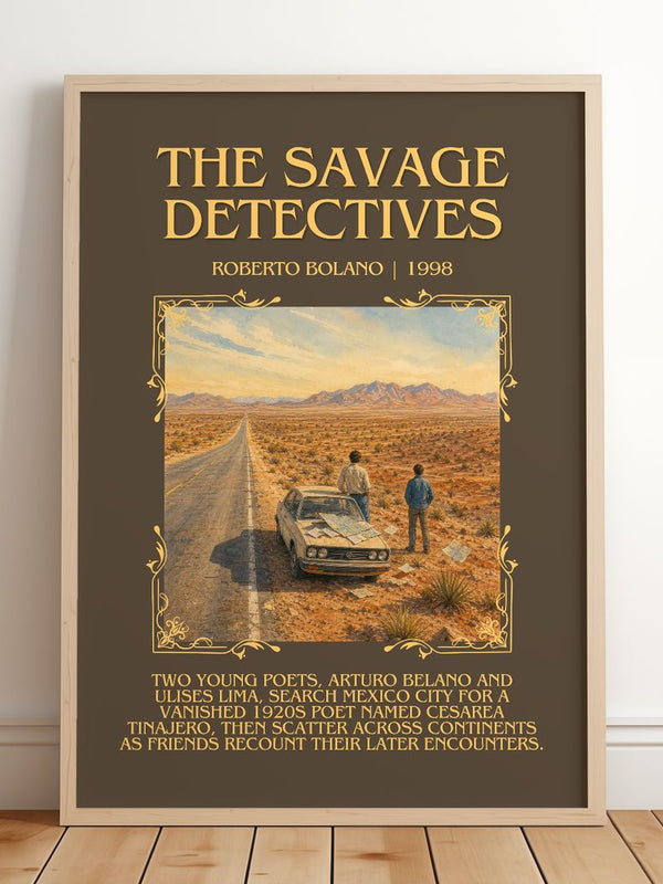 The Savage Detectives Minimalist Book Poster by Roberto Bolaño – framed print leaning on a wooden floor