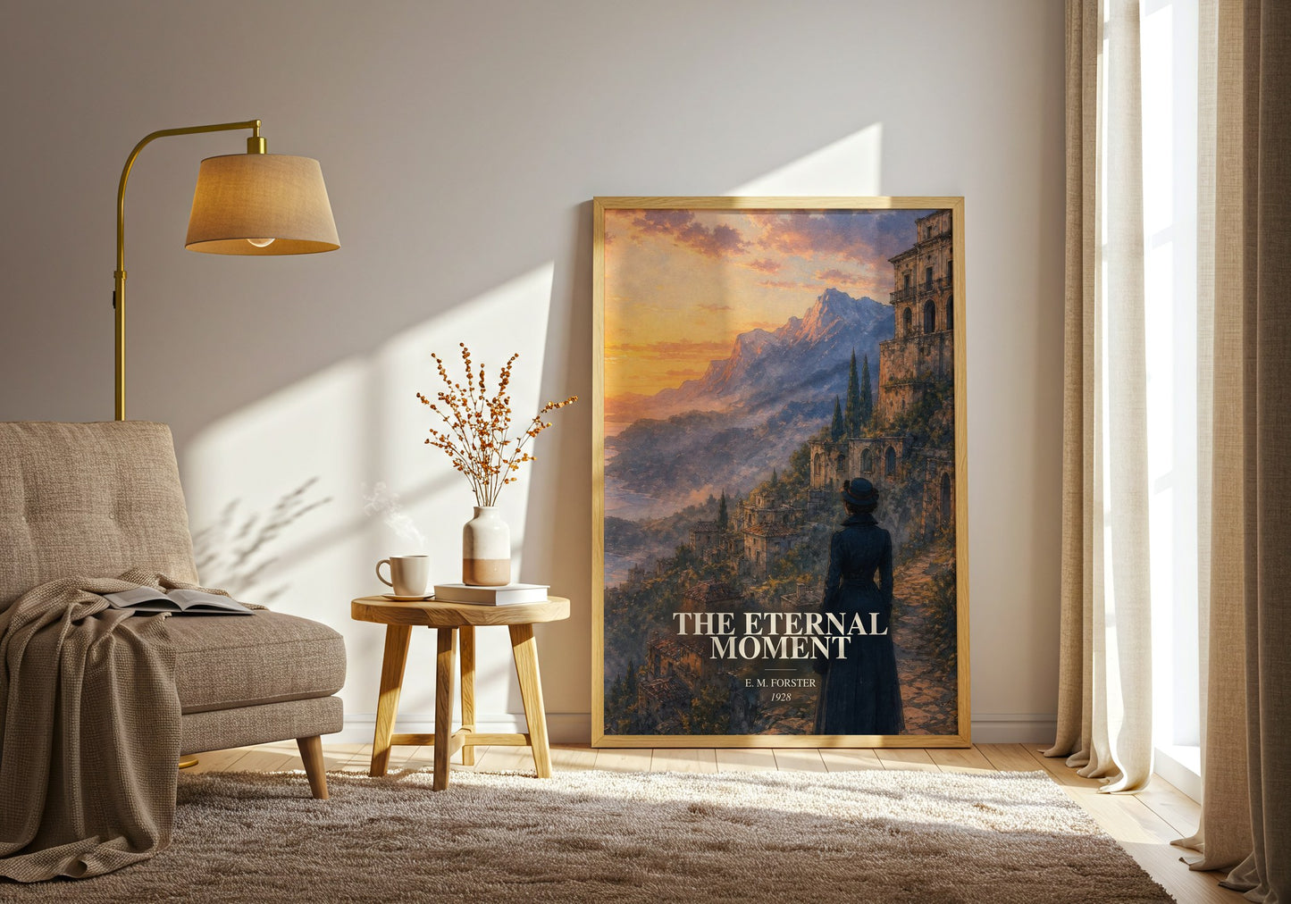The Eternal Moment watercolour print in frame leaning in hallway – literary fiction wall art