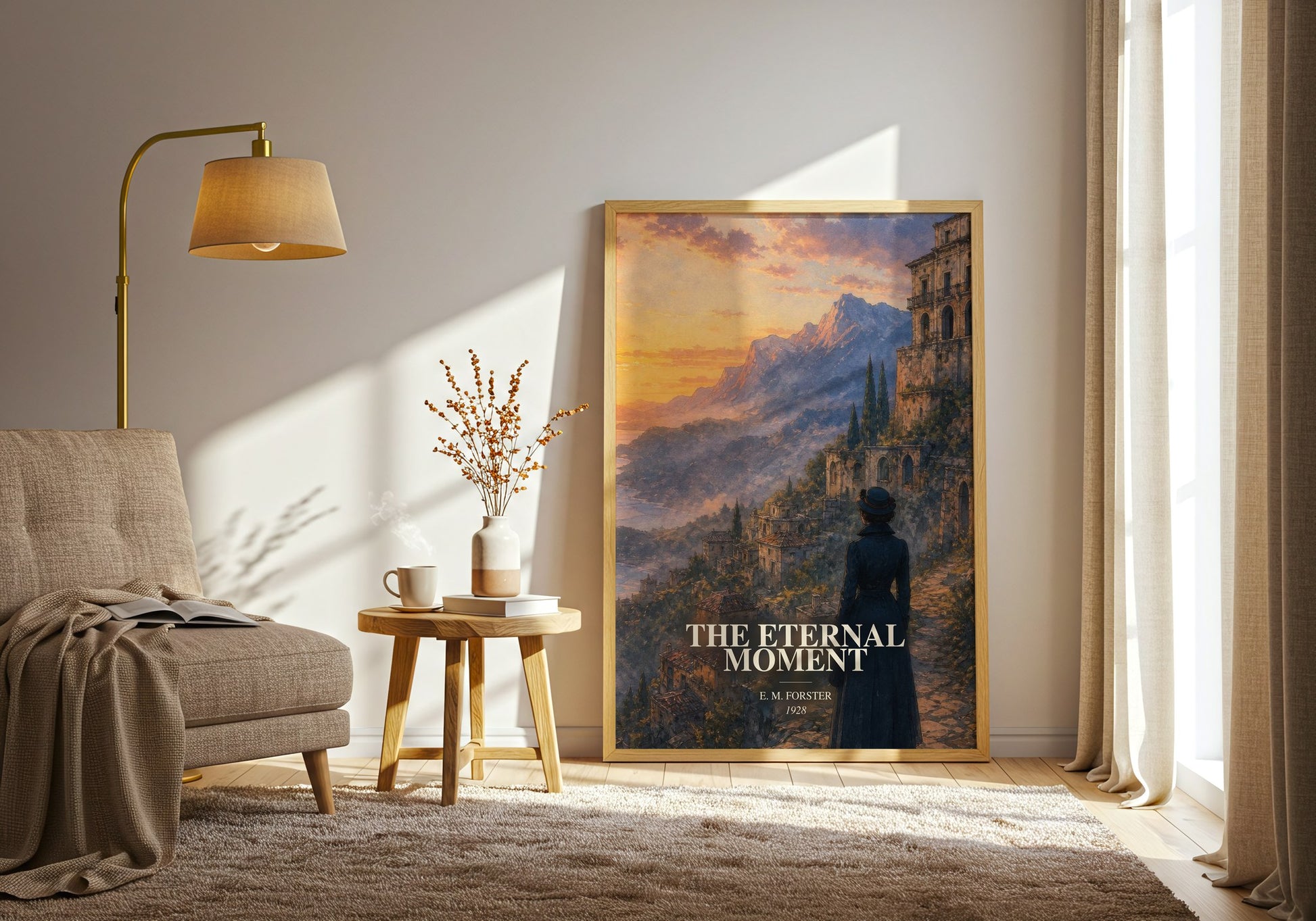 The Eternal Moment watercolour print in frame leaning in hallway – literary fiction wall art