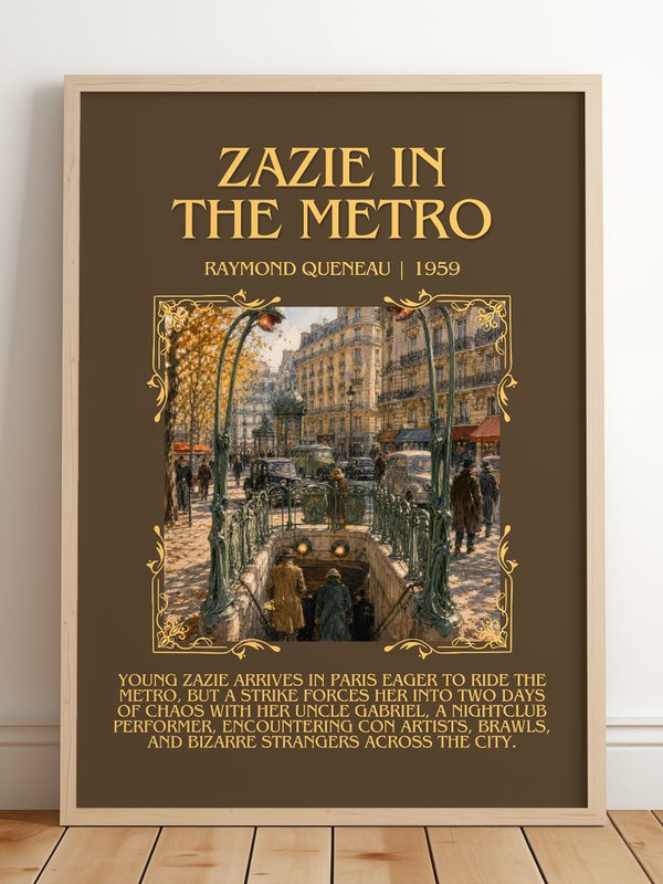Zazie in the Metro Minimalist Book Poster by Raymond Queneau – framed print leaning on a wooden floor