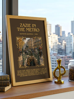 Zazie in the Metro Minimalist Book Poster by Raymond Queneau – framed print on a city-view windowsill