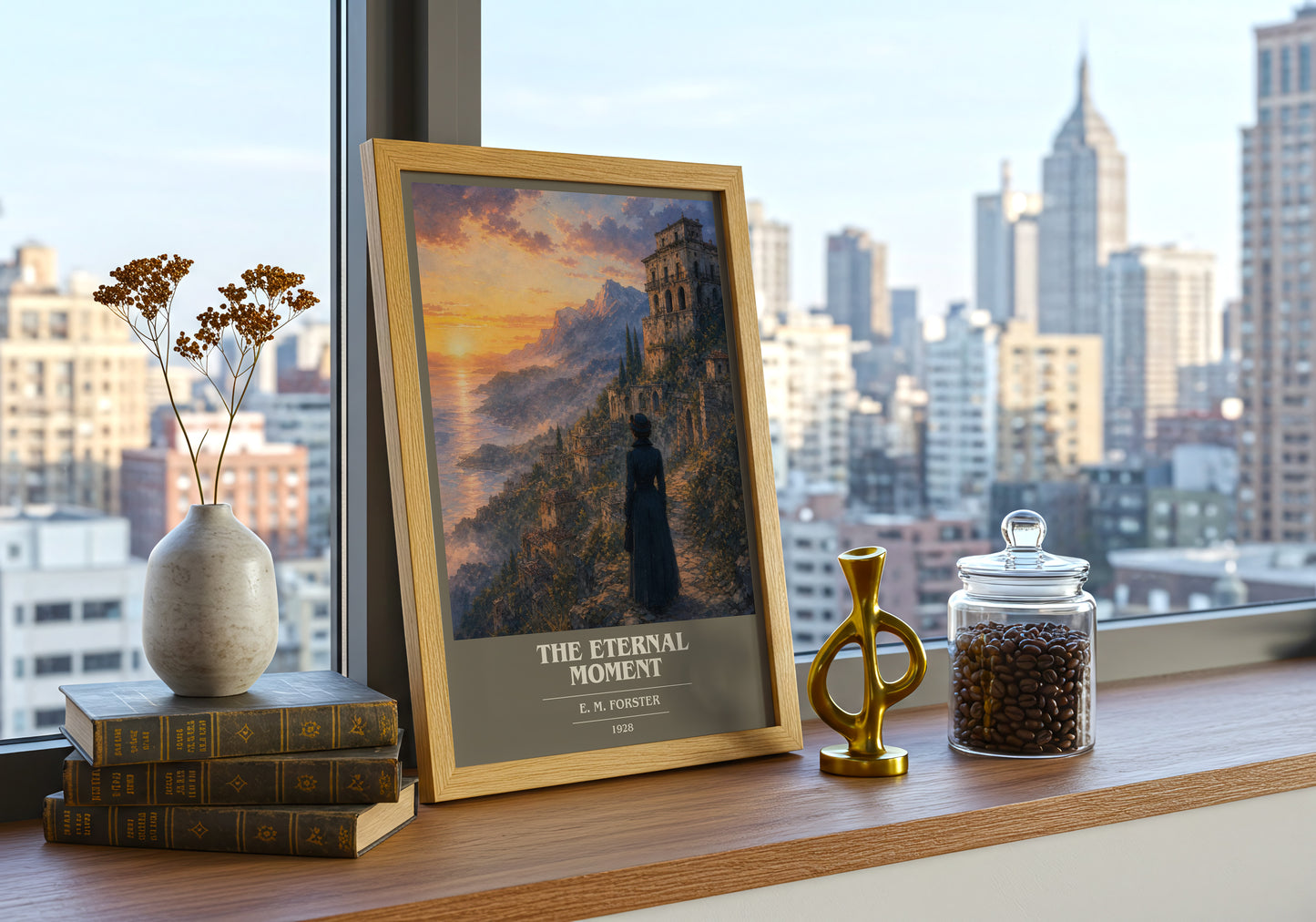 The Eternal Moment book cover print framed by window – literary home decor