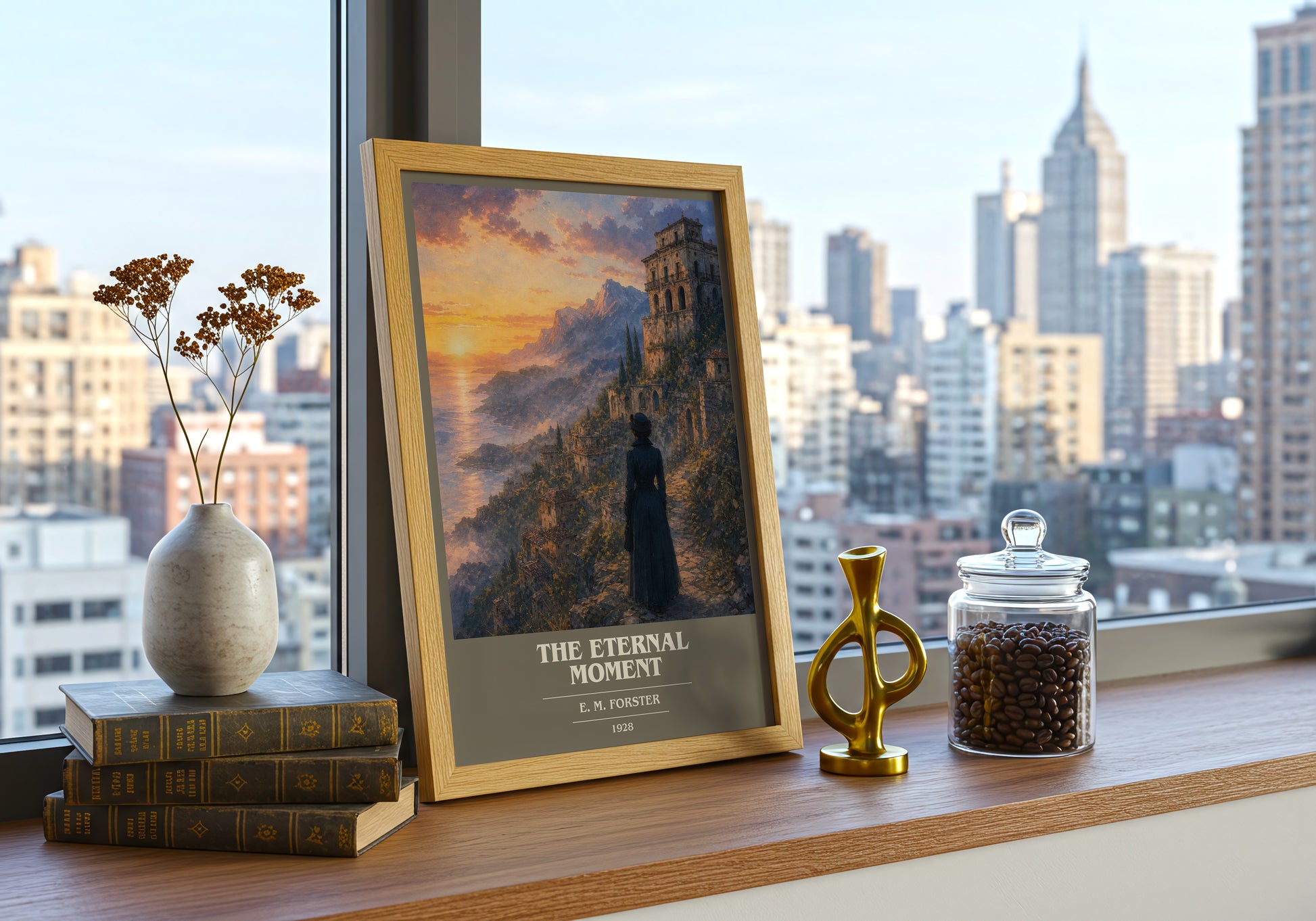 The Eternal Moment book cover print framed by window – literary home decor