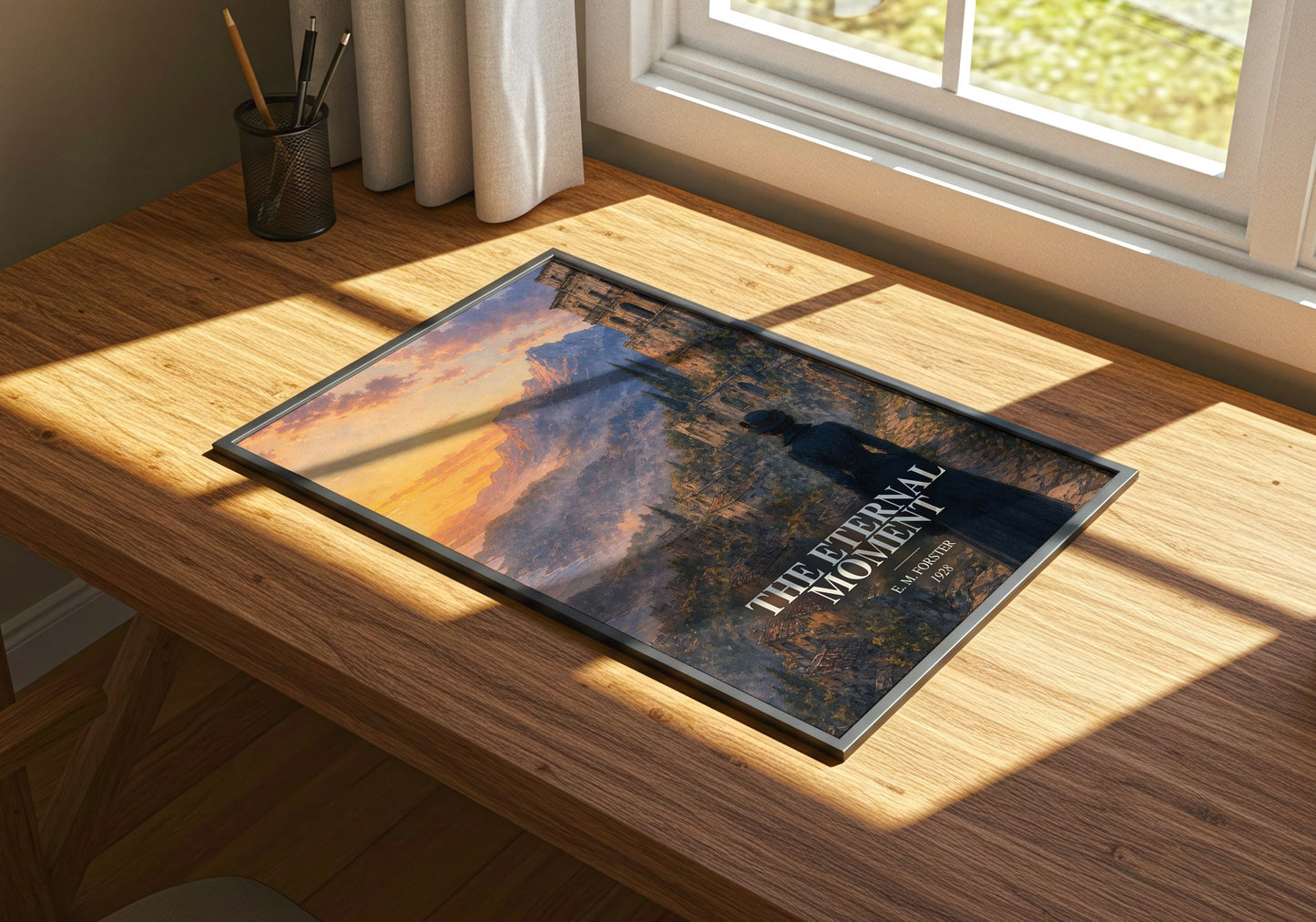 The Eternal Moment watercolour book poster framed on wall – literary fiction wall art