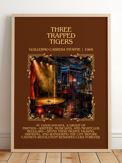 Three Trapped Tigers Minimalist Book Poster by G. Infante – framed print leaning on a wooden floor