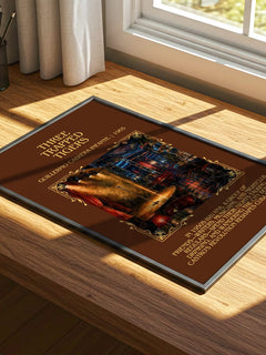 Three Trapped Tigers Minimalist Book Poster by G. Infante – print on a sunlit desk